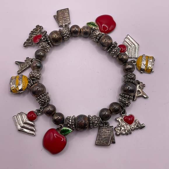Jewelry - Vintage Silver Tone School Teacher School Bus Charm Statement Dangle Bracelet